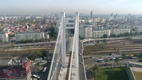 Bucharest, Romania - October 2020: Traffic on the Basarab Suspended Bridge on a sunny day.