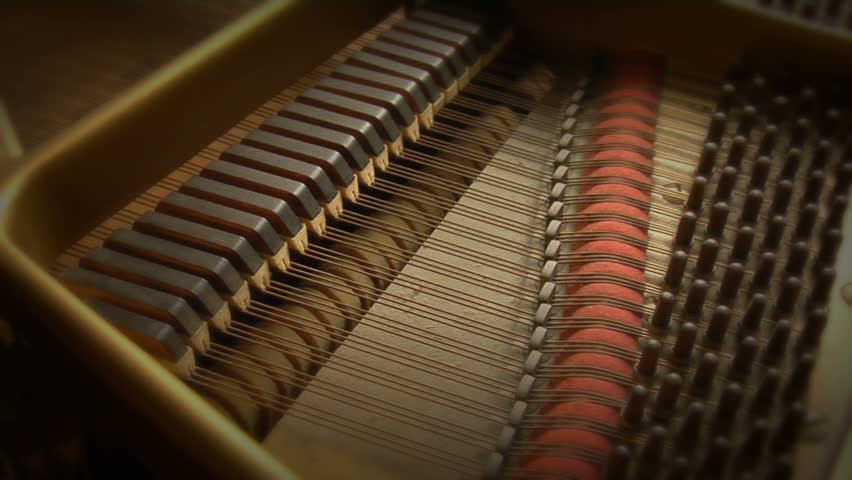 This is a close up shot of the inner workings of a grand piano.