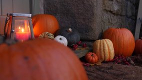 4K Dolly: Pumpkins decorative display on the Doorstep of the front door in Autumn. Thanksgiving decorations at home. Stock Video Clip Footage