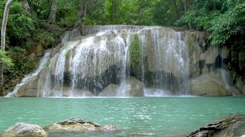Erawan waterfall second level in National Park, famous tourist destination in Kanchanaburi, Thailand.