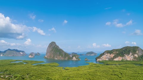Beautiful Samet Nangshe viewpoint over Phang-nga Bay panorama scenic, with mangrove forest and mountains in Andaman sea, near Phuket, Thailand; zoom in - Time Lapse