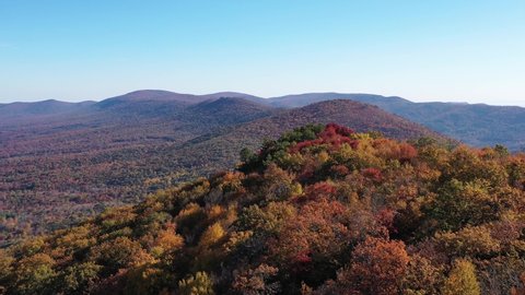 An aerial shot of Tibbet Knob and Great North Mountain in Autumn. The mountain range is the border between Virginia and West Virginia. The Trout Run Valley is also seen.
