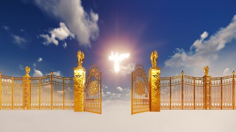 Golden Heaven Gates and bright Angel above fluffy clouds, 4K