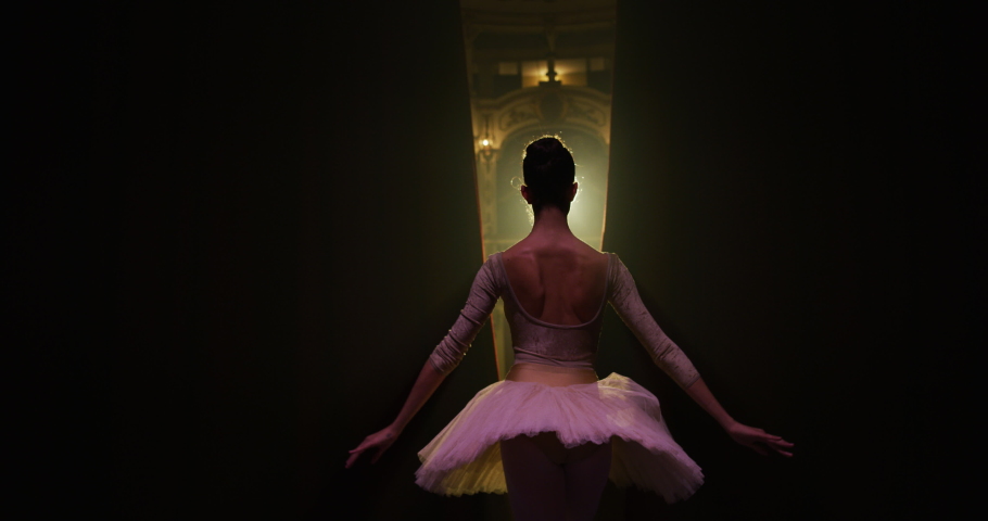 Cinematic close up shot of young graceful classical ballet female dancer in white tutu is going out on classic theatre stage with dramatic lighting for performing choreography before start of show. Royalty-Free Stock Footage #1061502958
