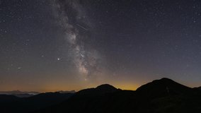 Night timelapse of the milky way over a mountain range in Carinthia, Austria