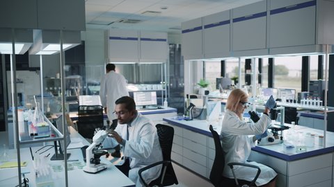 Team of Medical Research Scientists Work on a New Generation Disease Cure. They use Microscope, Test Tubes, Micropipette and Writing Down Analysis Results. Laboratory Looks Busy, Bright and Modern.