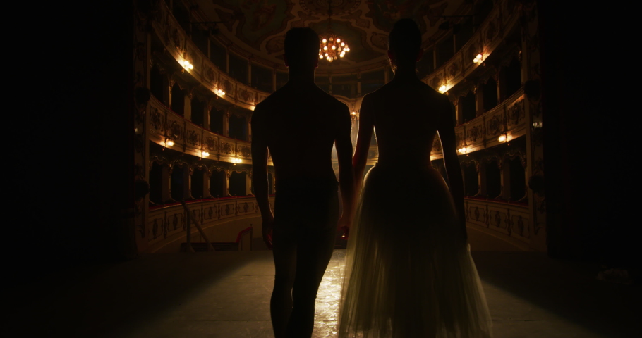Cinematic shot of young couple of classical ballet dancers is going out on classic theatre stage with dramatic lighting for performing choreography together before start of show. Royalty-Free Stock Footage #1061507629