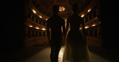 Cinematic shot of young couple of classical ballet dancers is going out on classic theatre stage with dramatic lighting for performing choreography together before start of show.