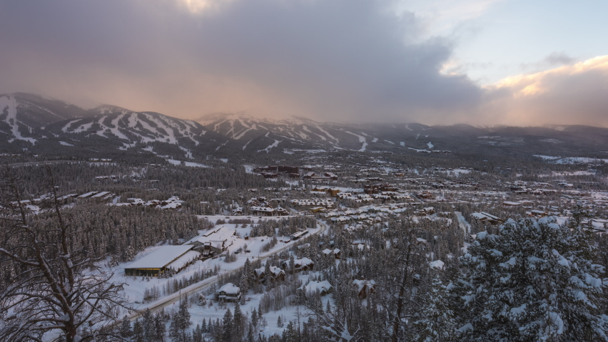 Breckenridge, Colorado, USA town skyline in winter at dusk.