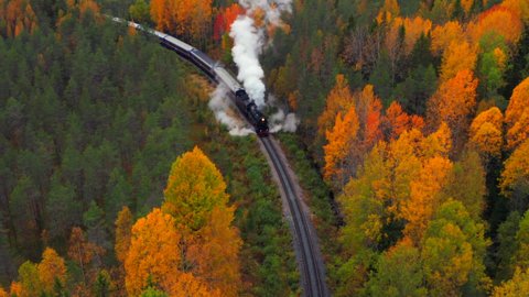Steam Train Moving Releasing White Clouds of Steam. Aerial view. Autumn.