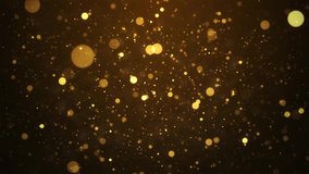3d Animation Particles gold bokeh glitter awards dust abstract loop background. Beautiful Gold Floating Dust Particles with Flare in Slow Motion. Dynamic Wind Particles In The Air With Bokeh.
