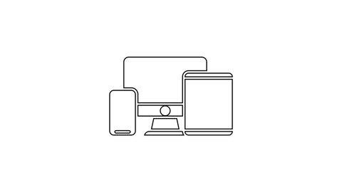 Black line Computer monitor, graphic tablet and mobile phone icon isolated on white background. Earnings in the Internet, marketing. 4K Video motion graphic animation.