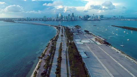 Aerial view of city life scene. Highway aerial landscape. Great landscape. Panorama landscape of bay around freeway. Transportation scene. Transport scene. City skyline. Miami, Biscayne bay, Usa. 
