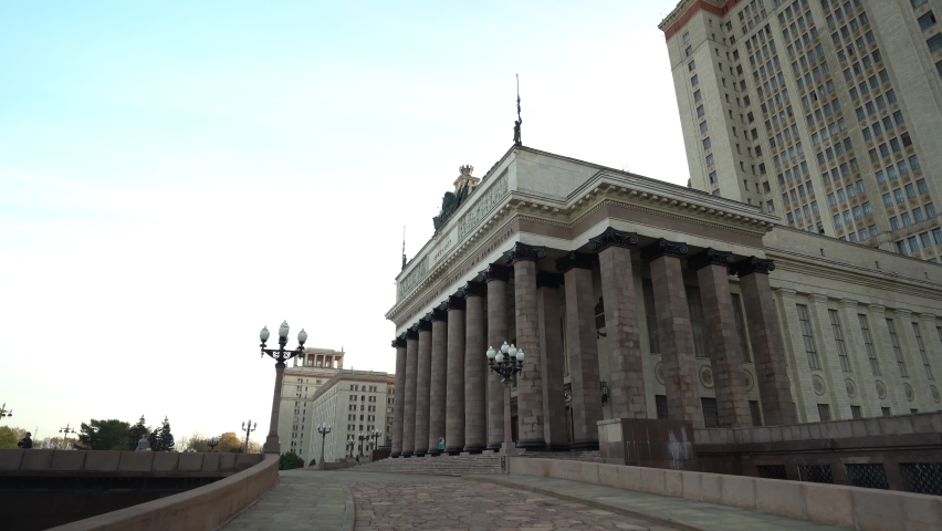 The main entrance to Moscow State University in autumn. dolly camera shot.