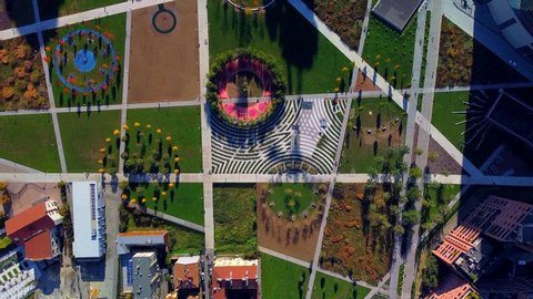 Milan, Italy, 31/10/2020: Lido Bam. Library of trees. Parco Biblioteca degli Alberi Milano - BAM. Italian city of fashion. New urban. aerial view of sun loungers and umbrellas. Colorful park