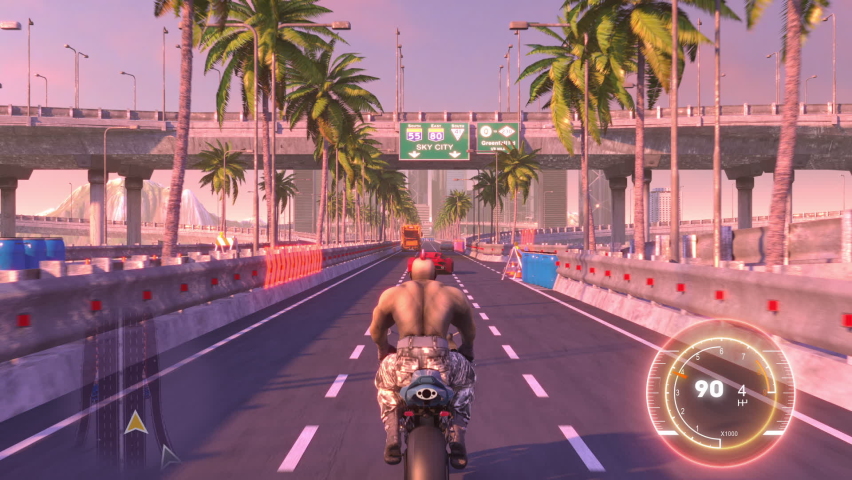 Speed Moto Bike Racing 3d Video Game Imitation With Interface. Bikes Compete On The City Bridge Road. Gameplay Screen. Game Over. Royalty-Free Stock Footage #1061551321