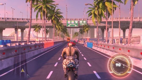 Speed Moto Bike Racing 3d Video Game Imitation With Interface. Bikes Compete On The City Bridge Road. Gameplay Screen. Game Over.