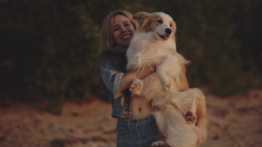 Border collie doggy jump on his female owner. A blonde playing and hugging her dog by the sea during sunset. Isolation together, friendship, vacation concept. Friends forever. Royalty-Free Stock Footage #1061554510
