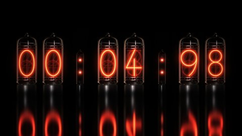 Realistic Nixie tube clock or timer. Countdown time from 60 seconds to 0. 1 minute. Retro, vintage electric time indicator. Bright glowing digital numbers. Nostalgic type. 3D render. 4K animation
