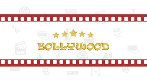 Bollywood Cinema logo icon with film strip and star elements. Abstract golden design template animation. Available in 4K FullHD and HD video