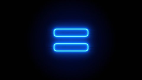 Equals neon sign appear in center and disappear after some time. Animated blue neon symbol on black background. Looped animation.