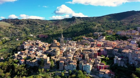 Amazing cityscape of Novara di Sicilia town. Aerial view of Novara di Sicilia, Sicily, Italy, Europe. Mountain village Novara di Sicilia, Sicily, Italy.