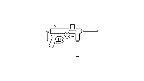 Black line Submachine gun M3, Grease gun icon isolated on white background. 4K Video motion graphic animation.