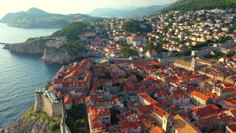 Sunrise Scene Aerial view of Dubrovnik old town surrounding by wall, Croatia.