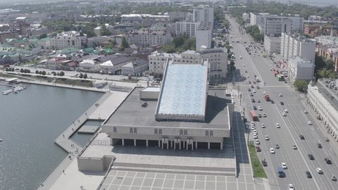 D-Log. Kazan, Russia - August 5, 2020: Tatar State Academic Theater named Galiaskar Kamala, Aerial View, Point of interest
