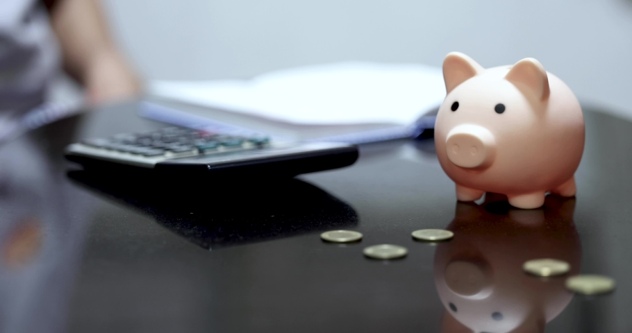 Woman hand using calculator and writing make note with calculate about cost, Focus on the piggy bank. Royalty-Free Stock Footage #1061580511