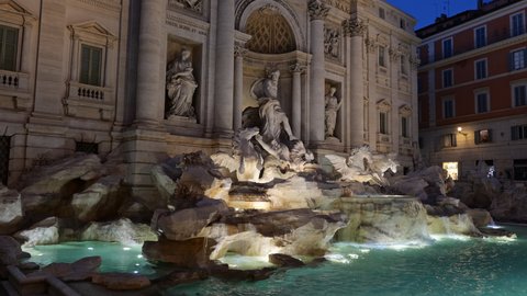 Trevi Fountain at night in Rome, Italy, city landmark from 1762, one of the most famous Baroque fountains in the world.