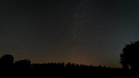 Night timelapse with tree silhouettes foreground - starry sky some clouds pass by, Milky way and Andromeda galaxy faintly visible in stars constellation region