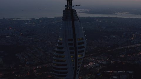 Spectacular View of Skyscraper Building, Istanbul TV Tower on Hill, Turkey at Dusk, Aerial Drone Shot, Istanbul, Turkey on September 17th 2020