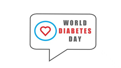 World diabetes day in speech bubble, logo. Blue circle with red blood drop in center. Stop the diabetes. Medical illustration, flat design element. Isolated on black background. 