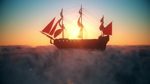 Flying Pirate Galleon on the Clouds at Sunset Landscape Background