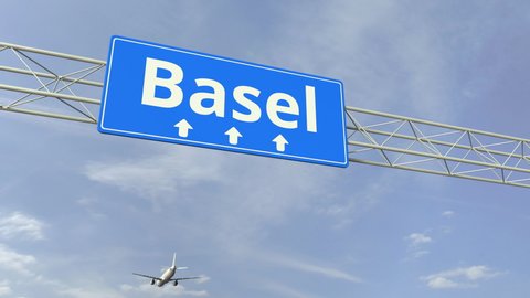 Basel city road sign below flying airplane