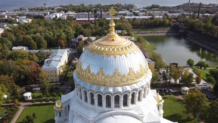 Aerial view of Orthodox Naval Cathedral of St. Nicholas. Built in 1903-1913. Kronshtadt, St.Petersburg, Russia
