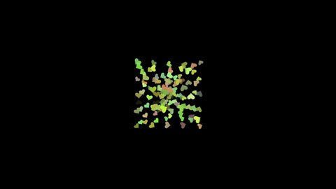 Animation of particles in shape of heart with various transitions and rotations in space during time sequence.