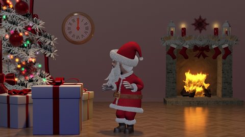 Santa Claus Pushing Gift. Merry Christmas and Happy New Year 2021 animation. Santa Claus with a Christmas gift near the Christmas tree.