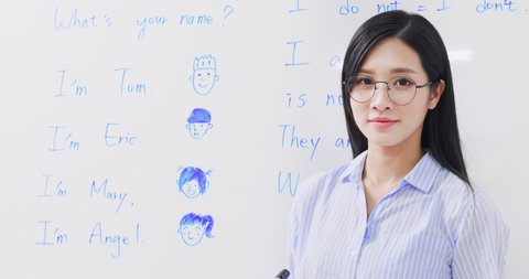asian female teacher teach english for children online through webcam in classroom