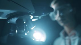 A woman scientist is looking into microscope, biochemical research. Scientific and medical lab instrument. A doctor is search for vaccine to treat diseases in laboratory for medicine study - Powered by Shutterstock - Get 15% off with code: PIKWIZARD15