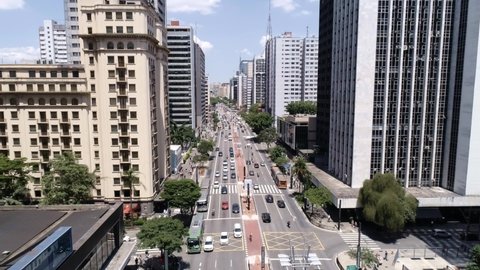 Aerial view of Avenida Paulista (Paulista avenue) in Sao Paulo city, Brazil. 4K.