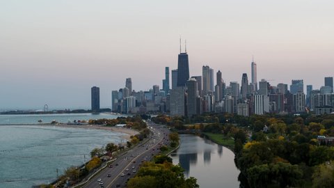 Aerial View of Lake Shore Drive and Chicago Cityscape