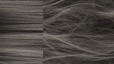 Slow motion before and after beautiful grey long smooth hair texture background, vertical video.