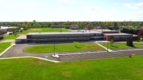 Bethpage, NY/USA - May 7, 2020: Aerial view of an elementary school in Long Island.
