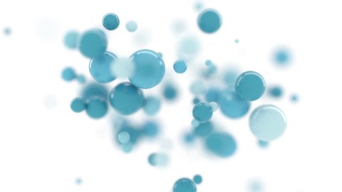Bright flying in a circle bubbles on white background. Blue, Light blue, Turquoise, Depth of Field. 3d Animation contains alpha matte
