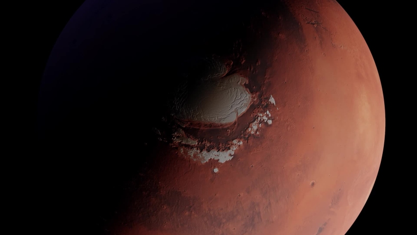 Mars top view, red planet 3d rendering, rotating showing ice caps and surface in natural color