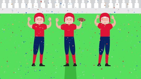 American football team players animation celebrating their victory while standing under falling confetti in the stadium. Shot in 4k resolution