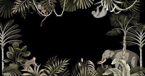 Tropical jungle night palm tree, plant,elephant, monkey, sloth animals border. Summer floral 2D animation with transparent background. Alpha channel.