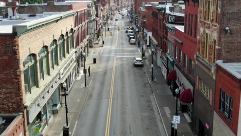 Pittsburgh , PA / United States - 10 10 2020: Pittsburgh South Side, aerial drone view above Carson St. Popular neighborhood for university college student nightlife with bars and saloons. 